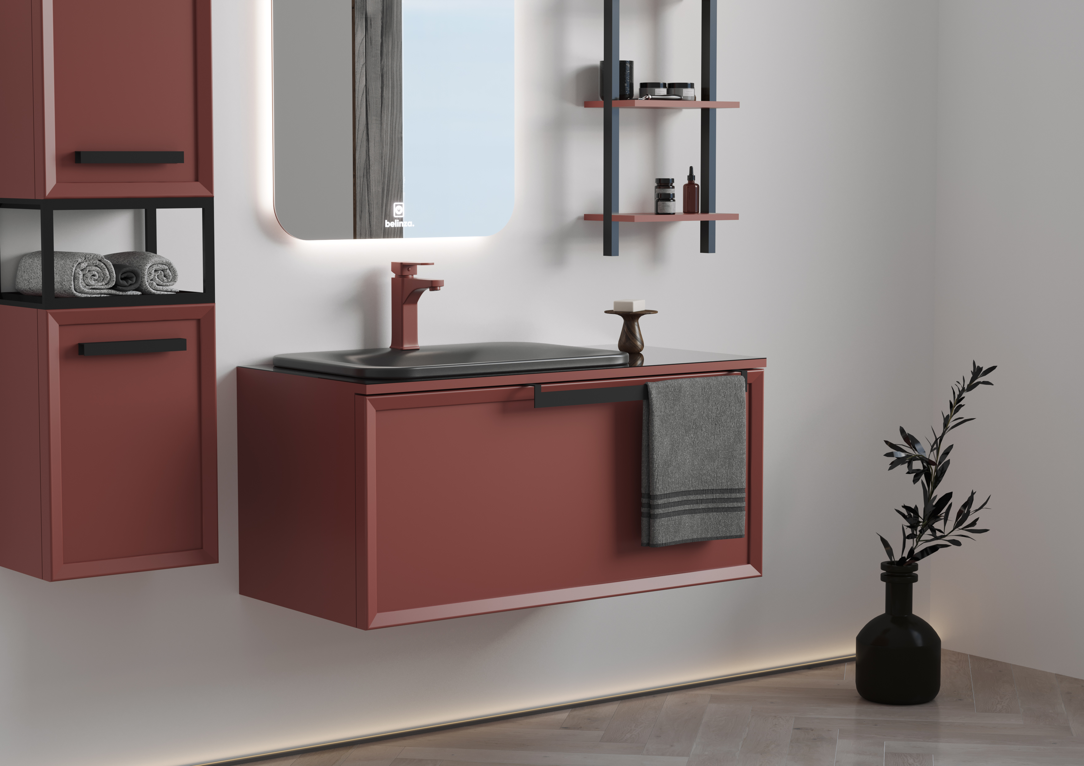 Badmöbel Set Ares 100 mit Waschtisch Regal Seitenschrank mit LED Spiegel-BEN10409