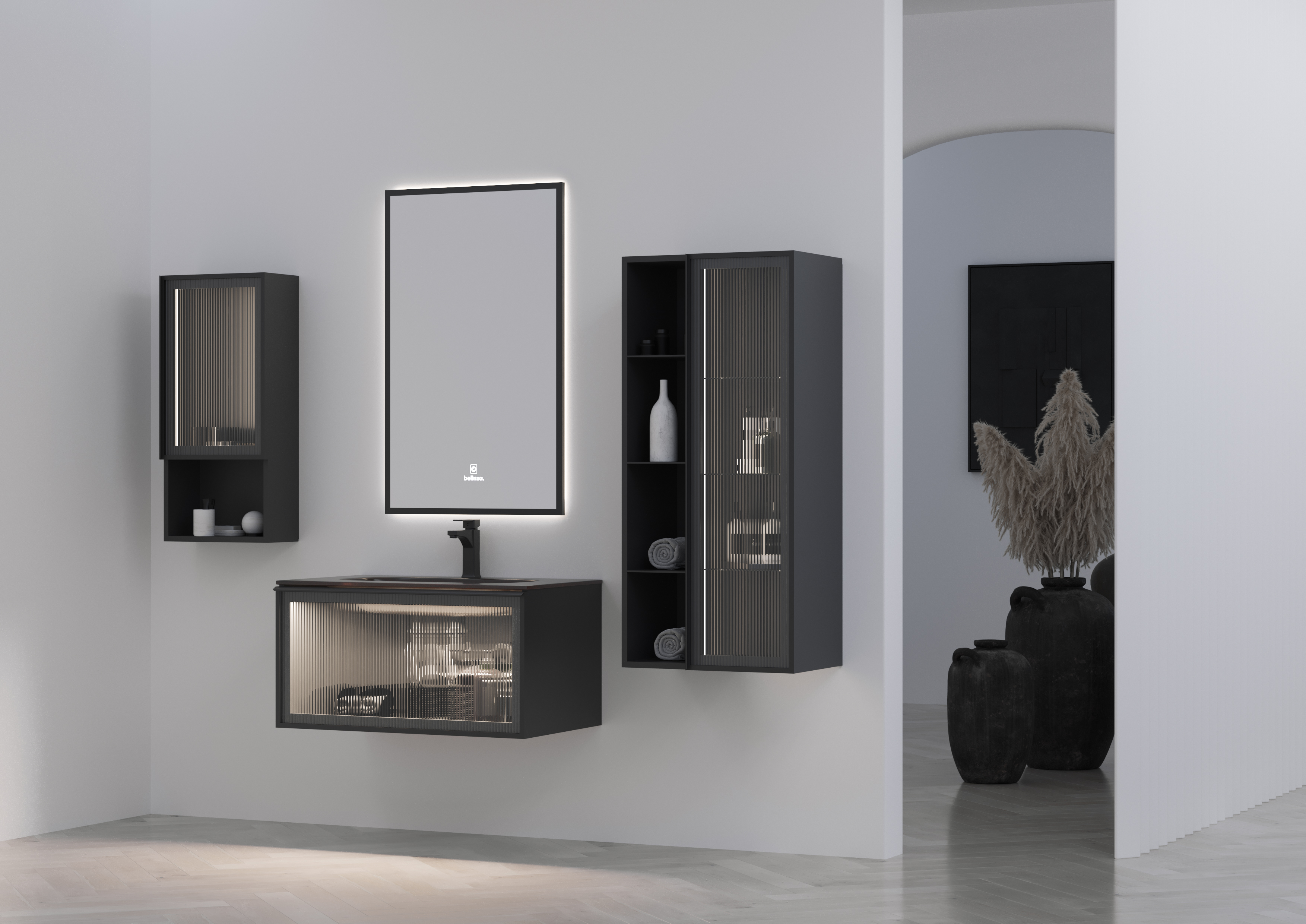 Badmöbel Set Zeus 85 mit Waschtisch Regal Kombination Seitenschrank mit LED Spiegel-BEN10407